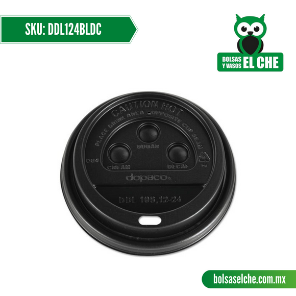 Codigo: DDL124BLDC - Tapa Tipo Domo para Vaso de 10 a 24 Onzas Color Negro - Paq 100 Pzas