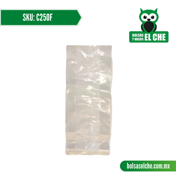 COD: C250F - CELOFAN CON FUELLE, PARA CONTENIDO DE 250 GR - PAQ. CON 100 PZAS.
